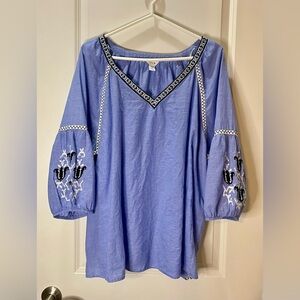 Intro. Blue Tunic with Black & White Embroidery 3/4 Balloon Sleeves Size 3X
